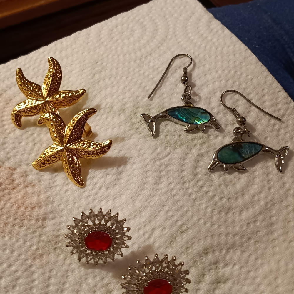 Lot of 4 Pierced Earrings Ruby, Abalone,Neon Pink White CZ More